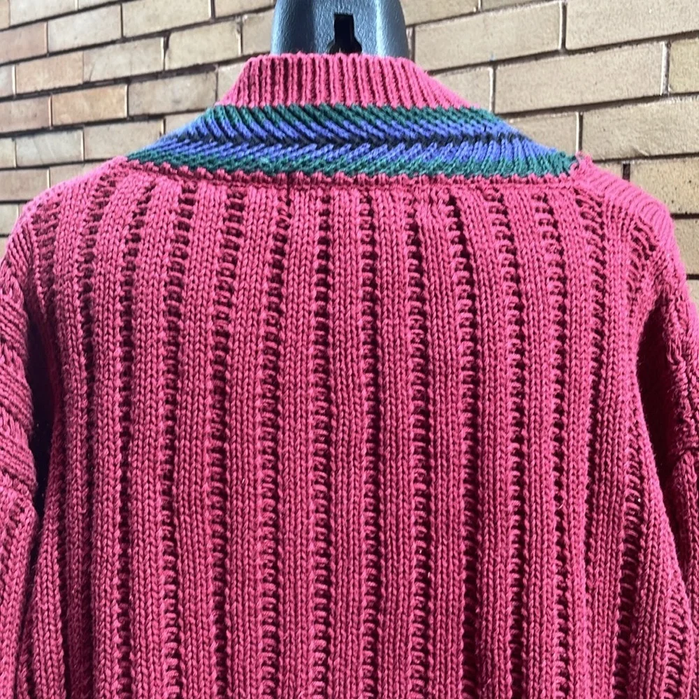 Vintage Bugle Boy v neck burgundy chunky cable knit sweater Size Extra Large